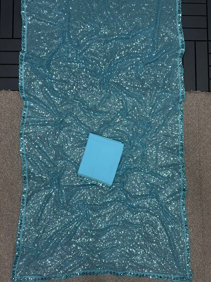 Bollywood Inspired Sky Blue Sequin Saree with Border Detailing