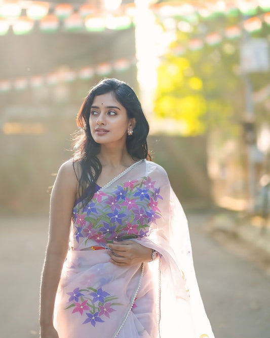 Premium Organza Printed Saree With Handwork