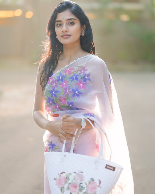 Premium Organza Printed Saree With Handwork