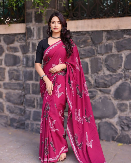 Maroon Mul Cotton Printed Saree