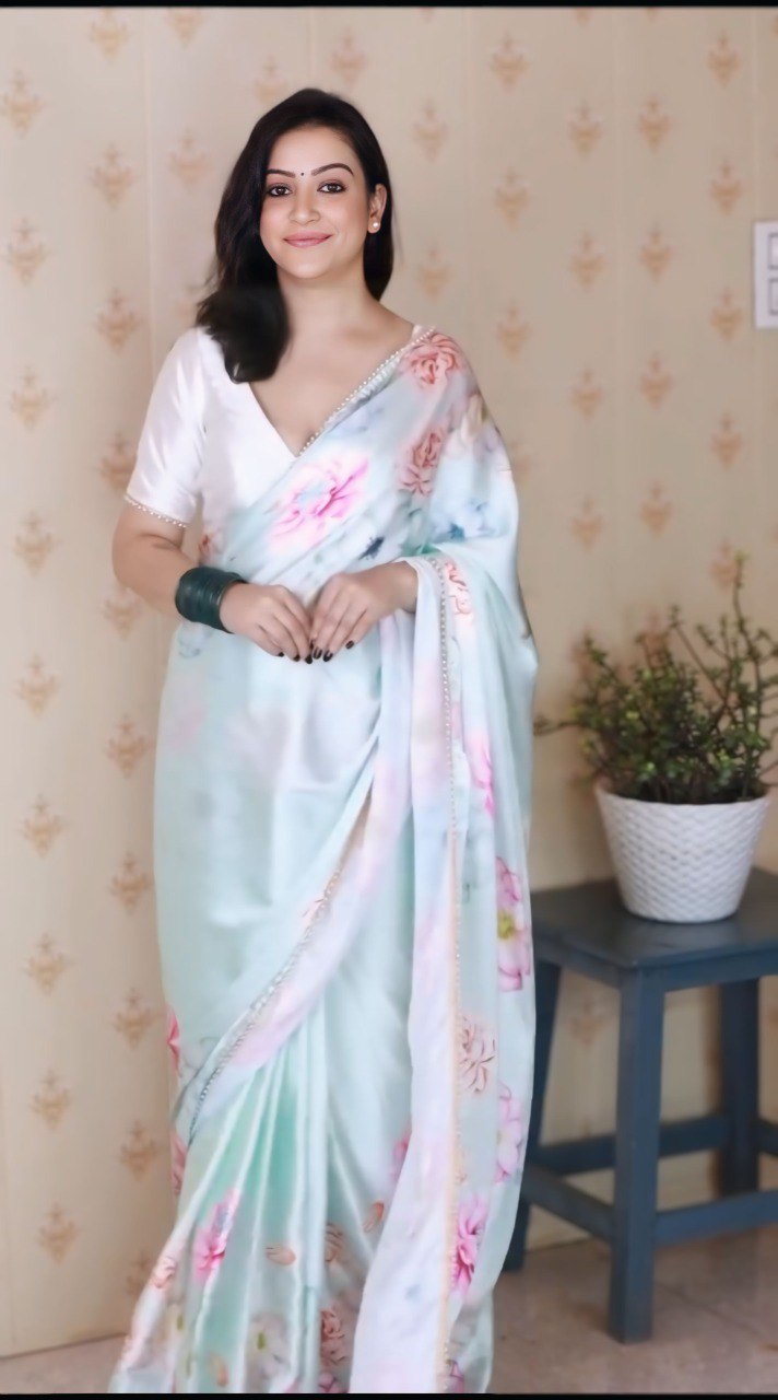 Viral Bollywood Satin Silk White Saree