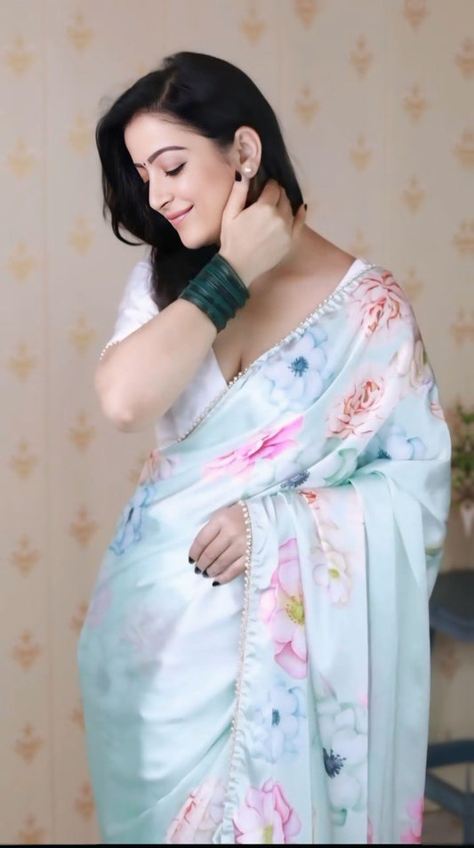 Viral Bollywood Satin Silk White Saree
