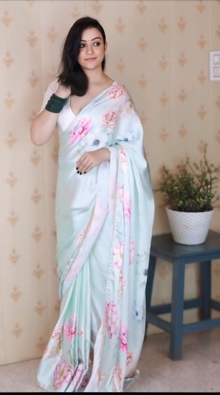 Viral Bollywood Satin Silk White Saree