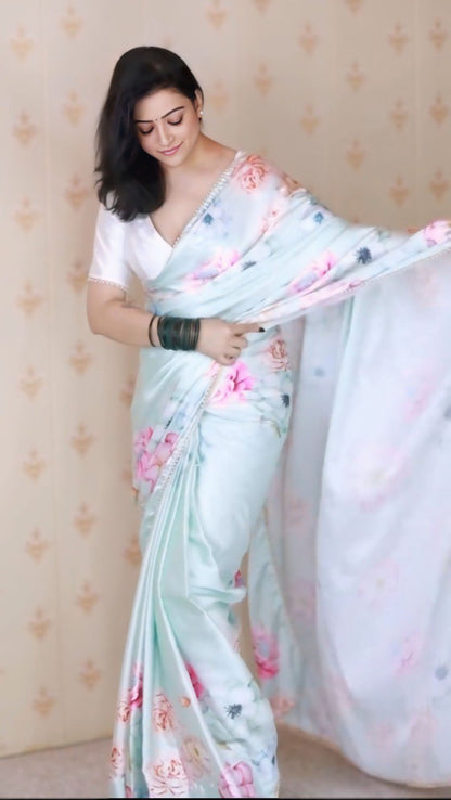 Viral Bollywood Satin Silk White Saree