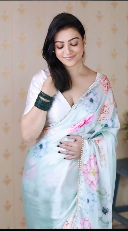 Viral Bollywood Satin Silk White Saree