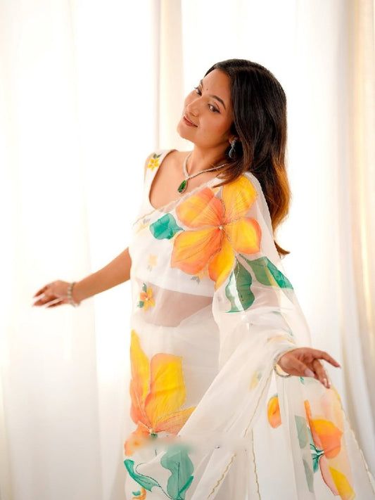 Viral Bollywood Organza Silk White Saree