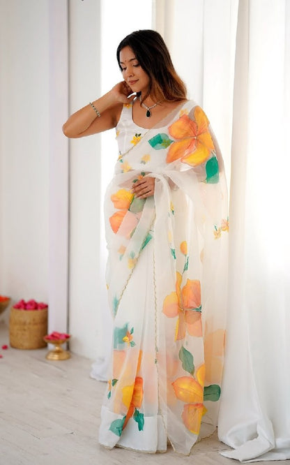 Viral Bollywood Organza Silk White Saree