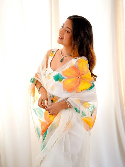 Viral Bollywood Organza Silk White Saree