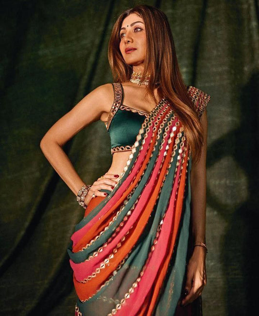 Shilpa Inspired Multi-Colored Georgette Mirror Embroidered Saree
