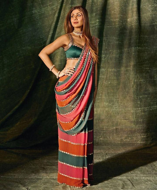 Shilpa Inspired Multi-Colored Georgette Mirror Embroidered Saree