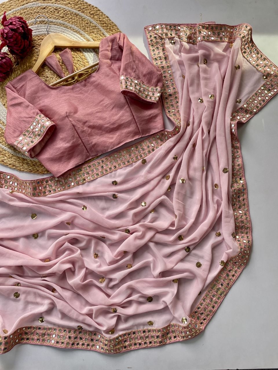 Bollywood Inspired Sequins Designer Pink Net Saree