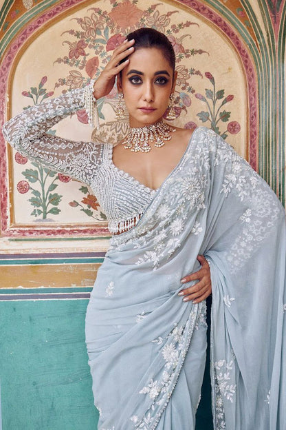 Bollywood Faux Georgette Full Sequins Sky Blue Saree