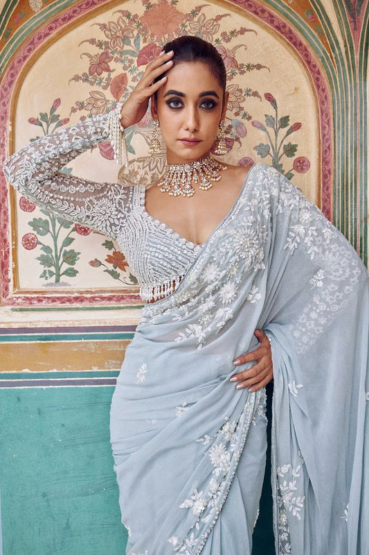 Bollywood Faux Georgette Full Sequins Sky Blue Saree