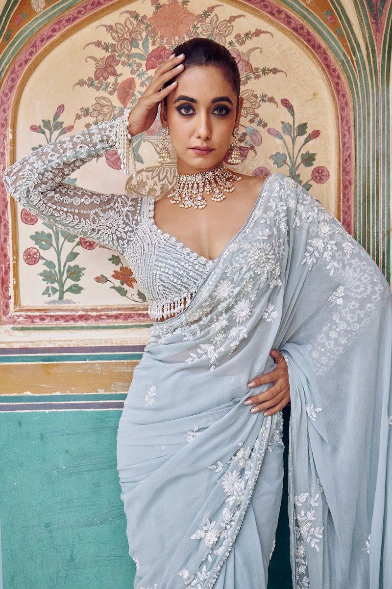 Bollywood Faux Georgette Full Sequins Sky Blue Saree