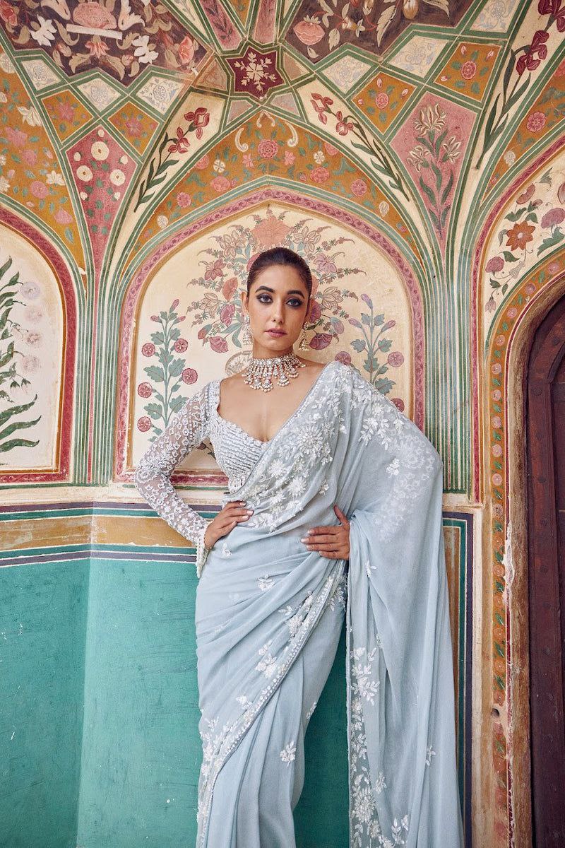 Bollywood Faux Georgette Full Sequins Sky Blue Saree