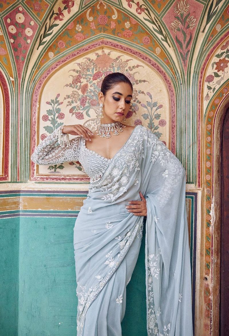 Bollywood Faux Georgette Full Sequins Sky Blue Saree