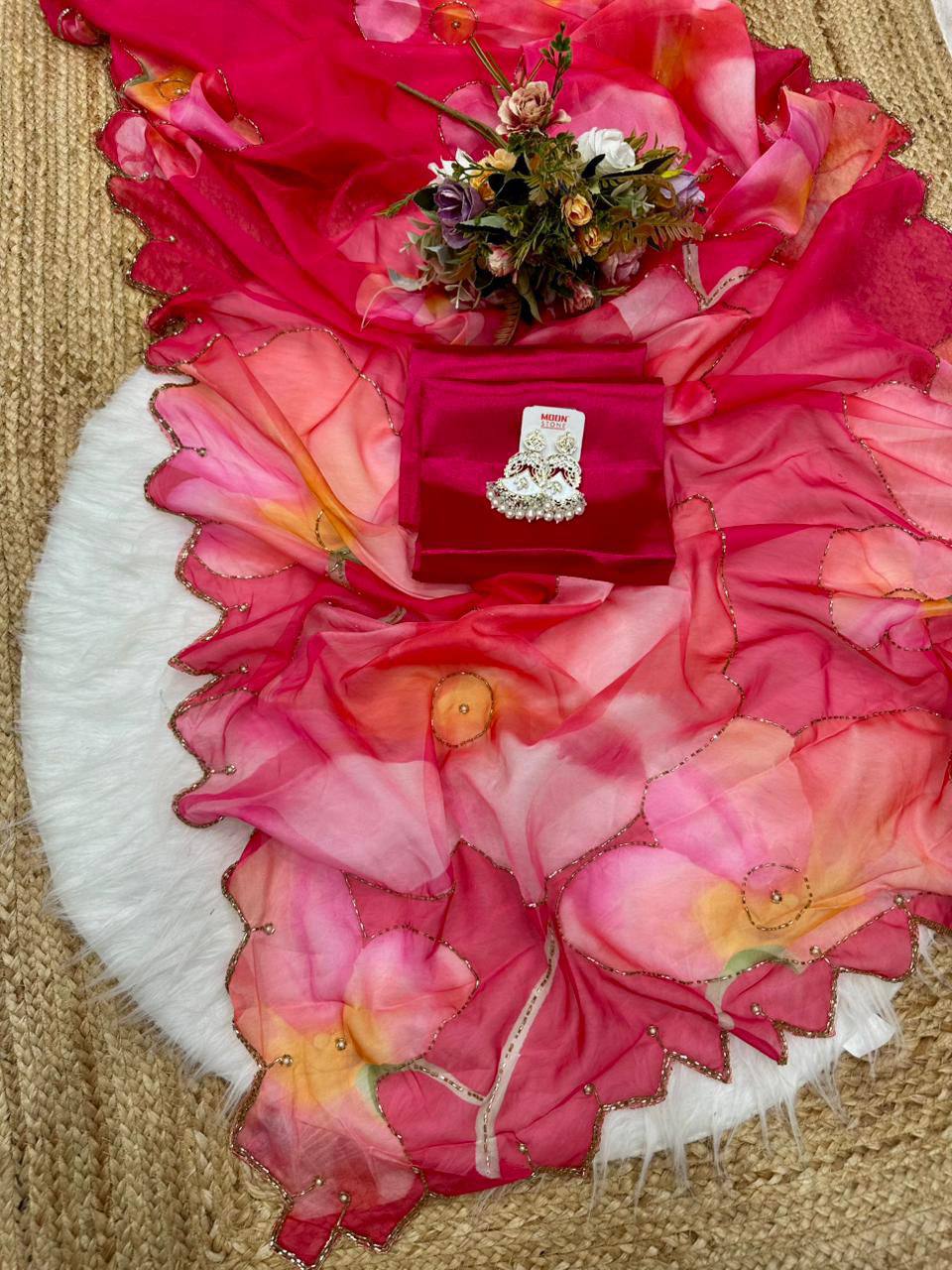 Bollywood Inspired Digital Printed Pink Tebi Silk Saree