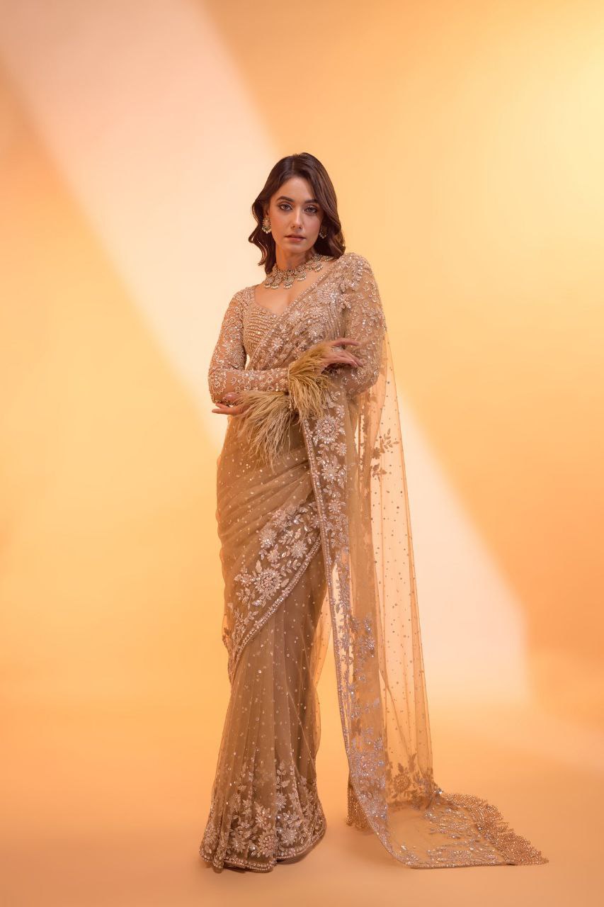 Bollywood Faux Georgette Full Sequins Golden Saree