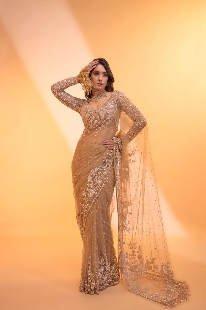 Bollywood Faux Georgette Full Sequins Golden Saree