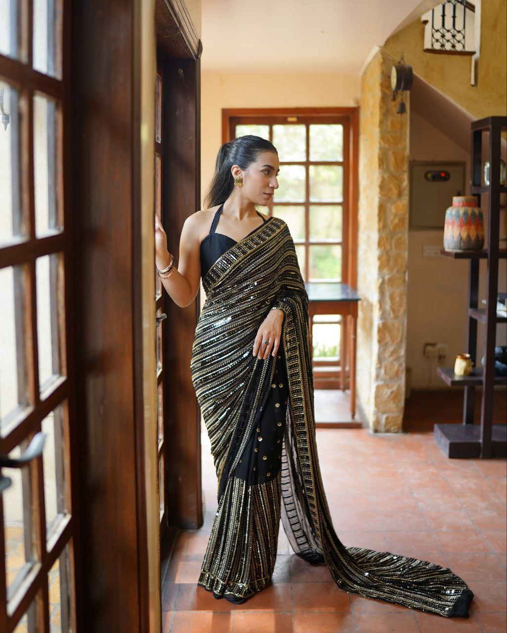Bollywood Inspired Black Saree with Silver and Gold Sequin Work