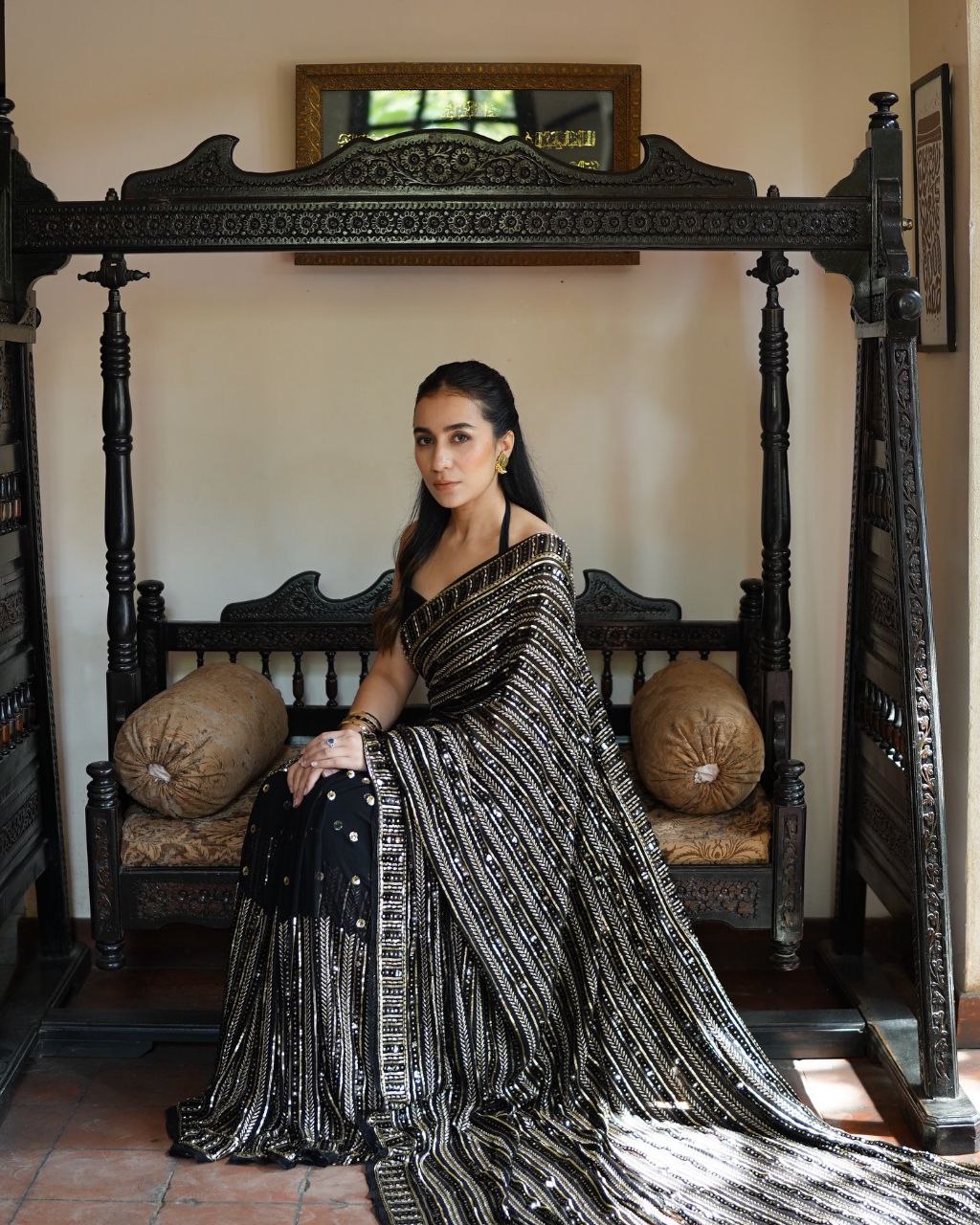 Bollywood Inspired Black Saree with Silver and Gold Sequin Work