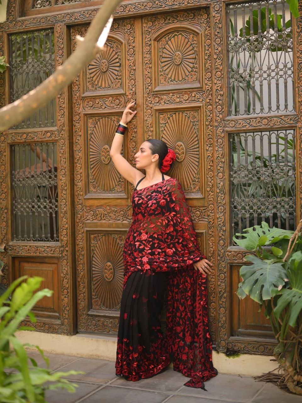 Bollywood BlockBuster Faux Georgette Sequence Red Saree