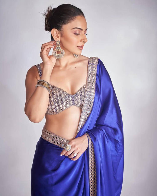 Rakul Inspired Satin Dark Blue Saree With Embroidery Lace