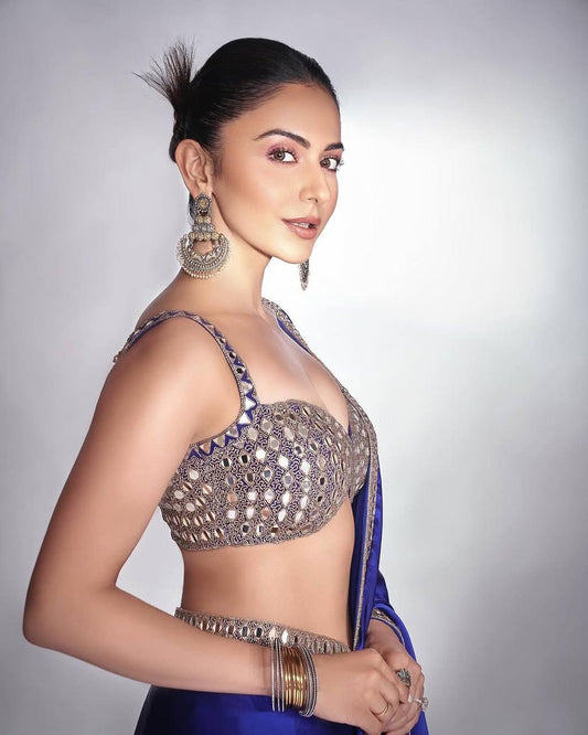 Rakul Inspired Satin Dark Blue Saree With Embroidery Lace