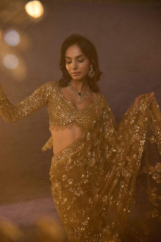 Bollywood Faux Georgette Full Sequins Yellow Saree