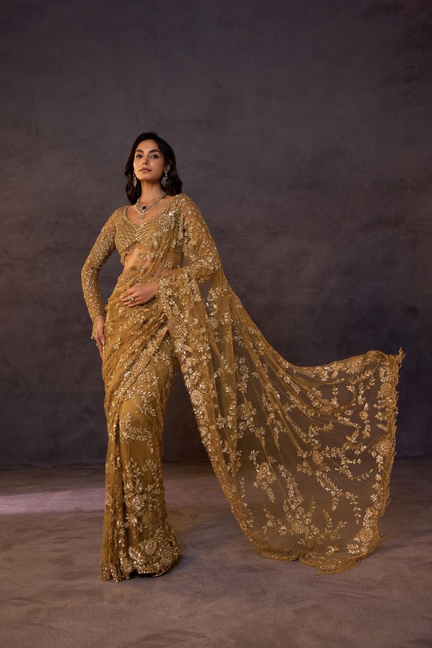 Bollywood Faux Georgette Full Sequins Yellow Saree