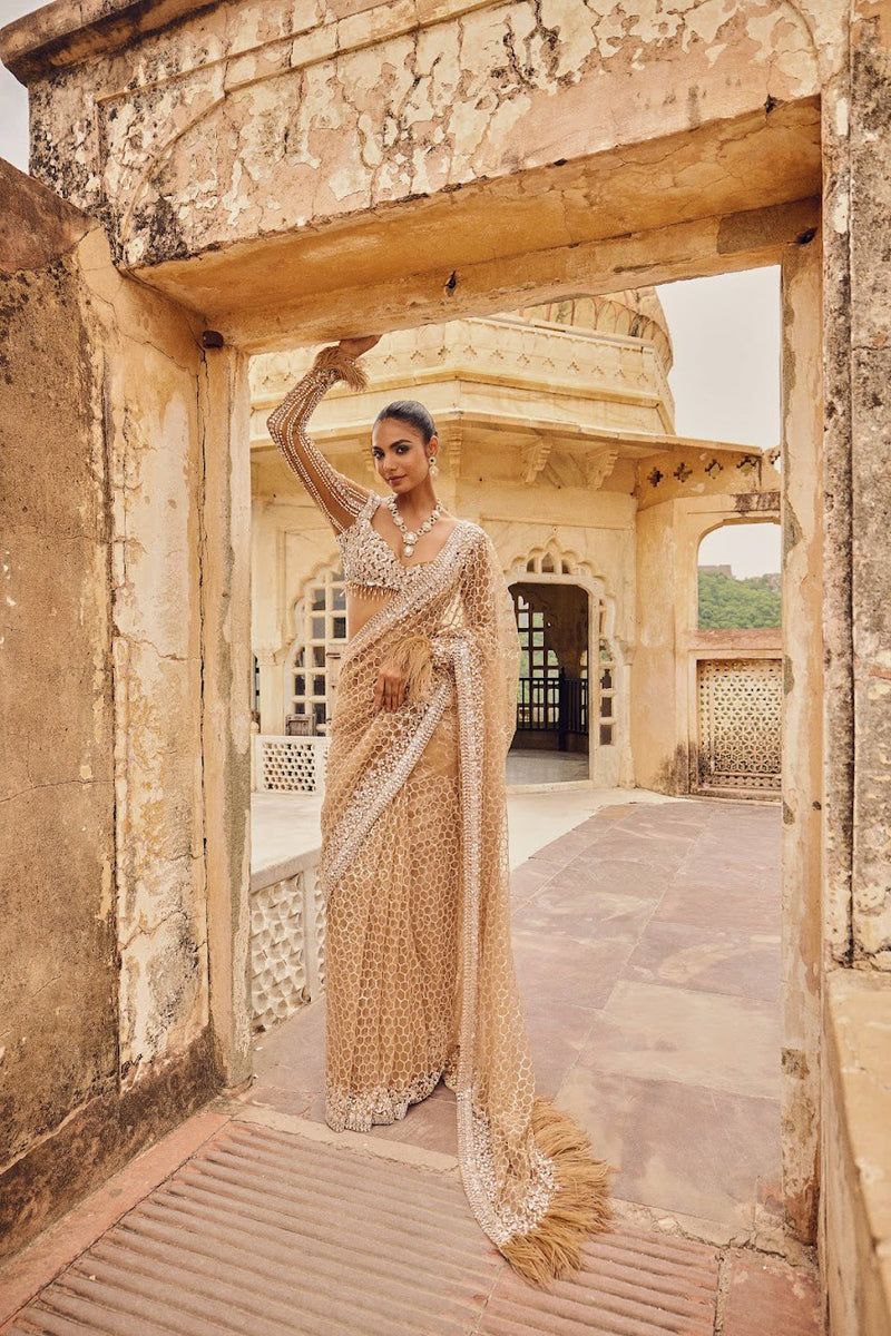 Bollywood Trending Butterfly Net Full Sequins Golden Saree