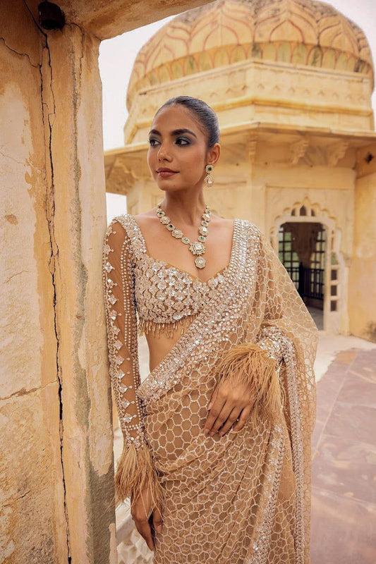 Bollywood Trending Butterfly Net Full Sequins Golden Saree
