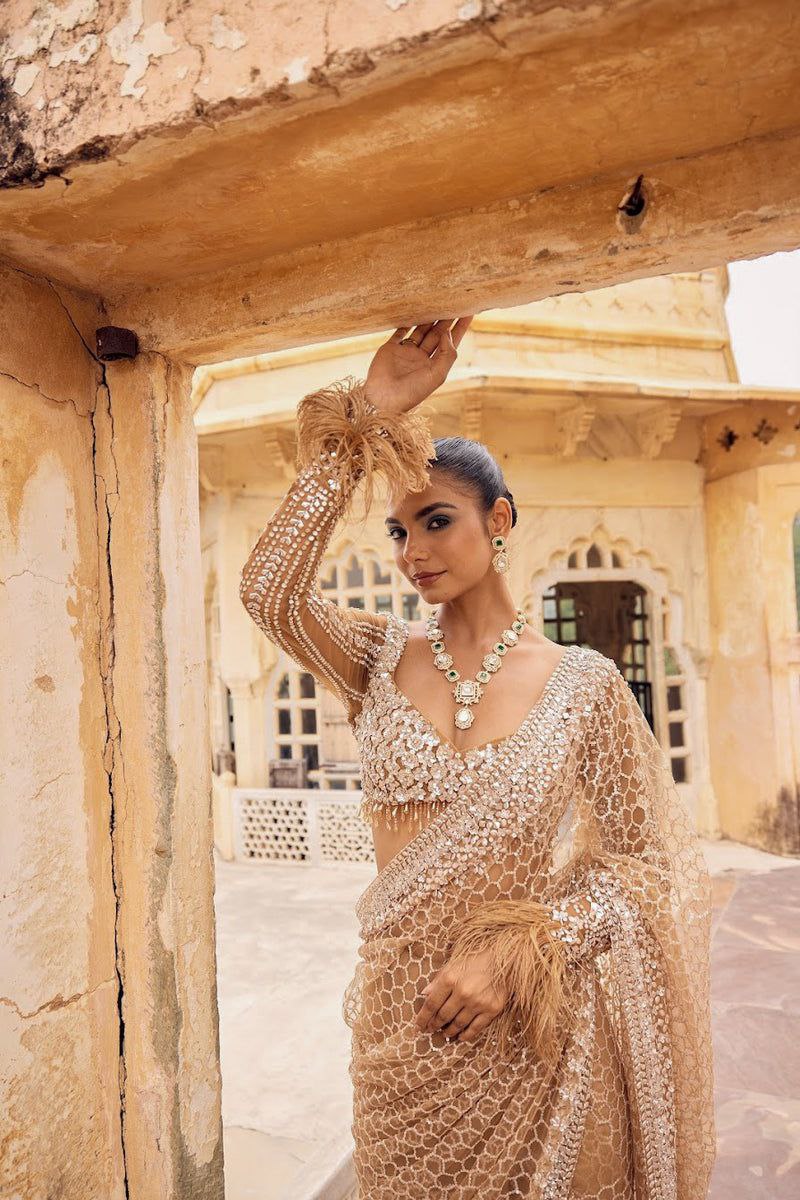 Bollywood Trending Butterfly Net Full Sequins Golden Saree