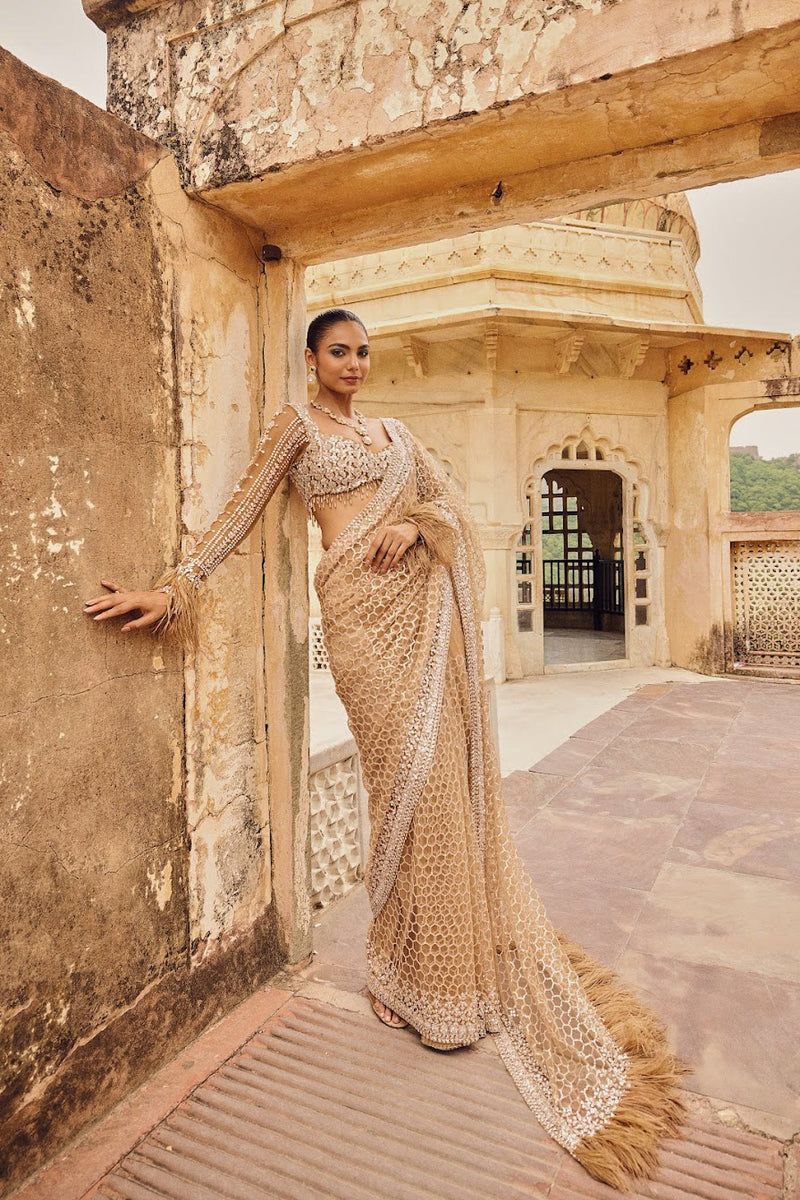 Bollywood Trending Butterfly Net Full Sequins Golden Saree