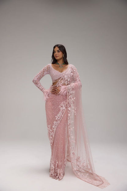 Bollywood Inspired Embroidery Sequins Designer Pink Net Saree