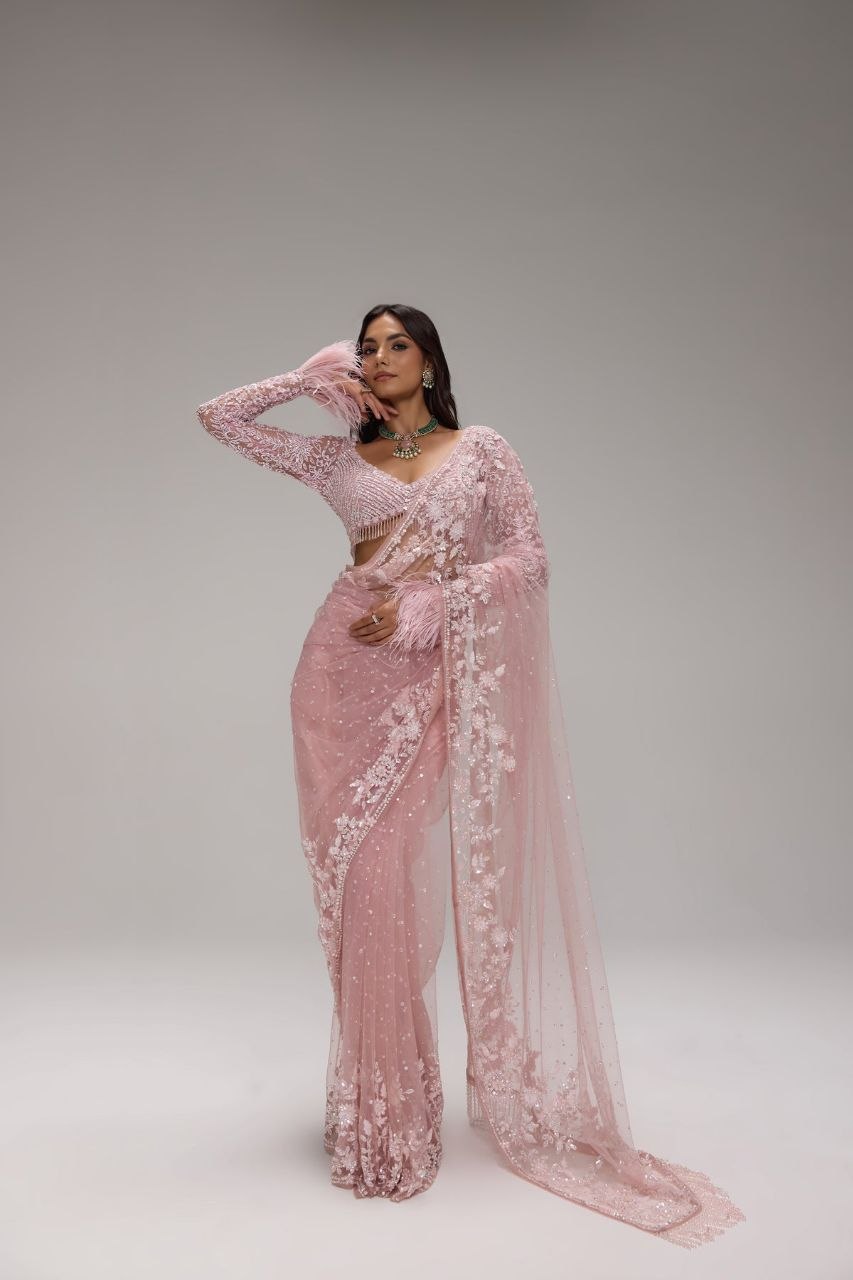 Bollywood Inspired Embroidery Sequins Designer Pink Net Saree