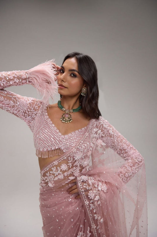 Bollywood Inspired Embroidery Sequins Designer Pink Net Saree