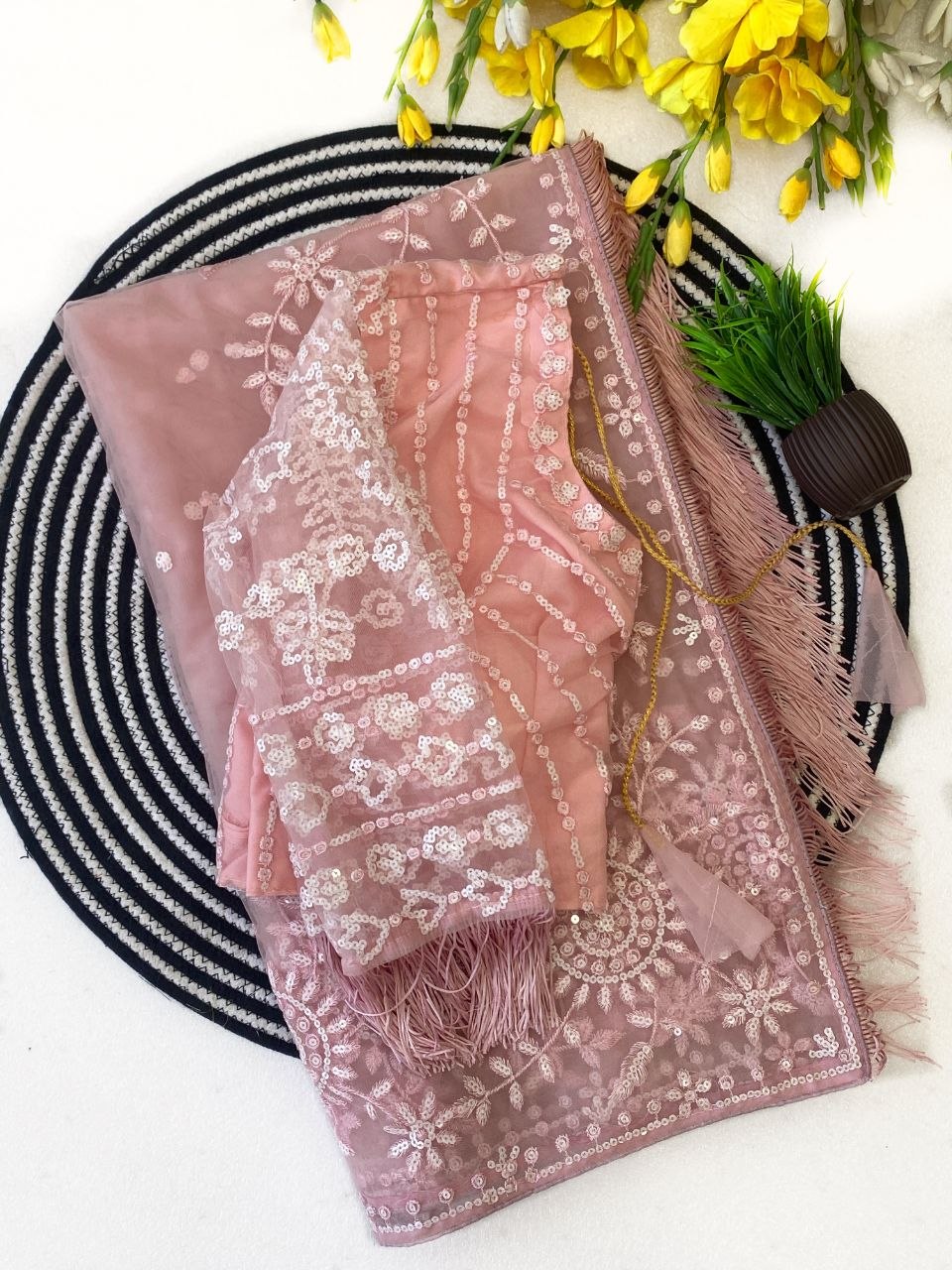 Bollywood Inspired Embroidery Sequins Designer Pink Net Saree