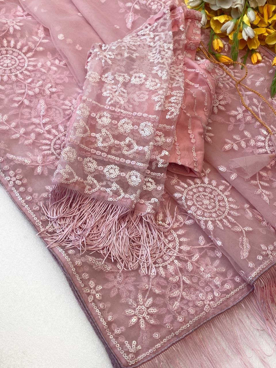 Bollywood Inspired Embroidery Sequins Designer Pink Net Saree
