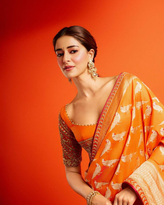 Ananya Panday Inspired Orange Color Perrot Figure Weaving Saree