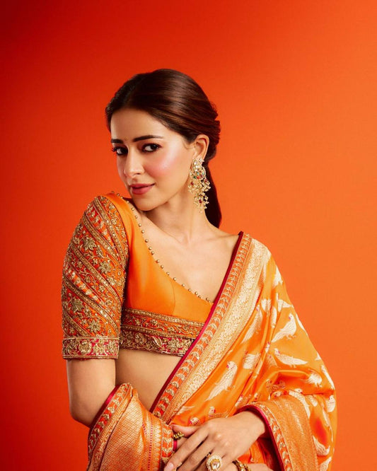 Ananya Panday Inspired Orange Color Perrot Figure Weaving Saree
