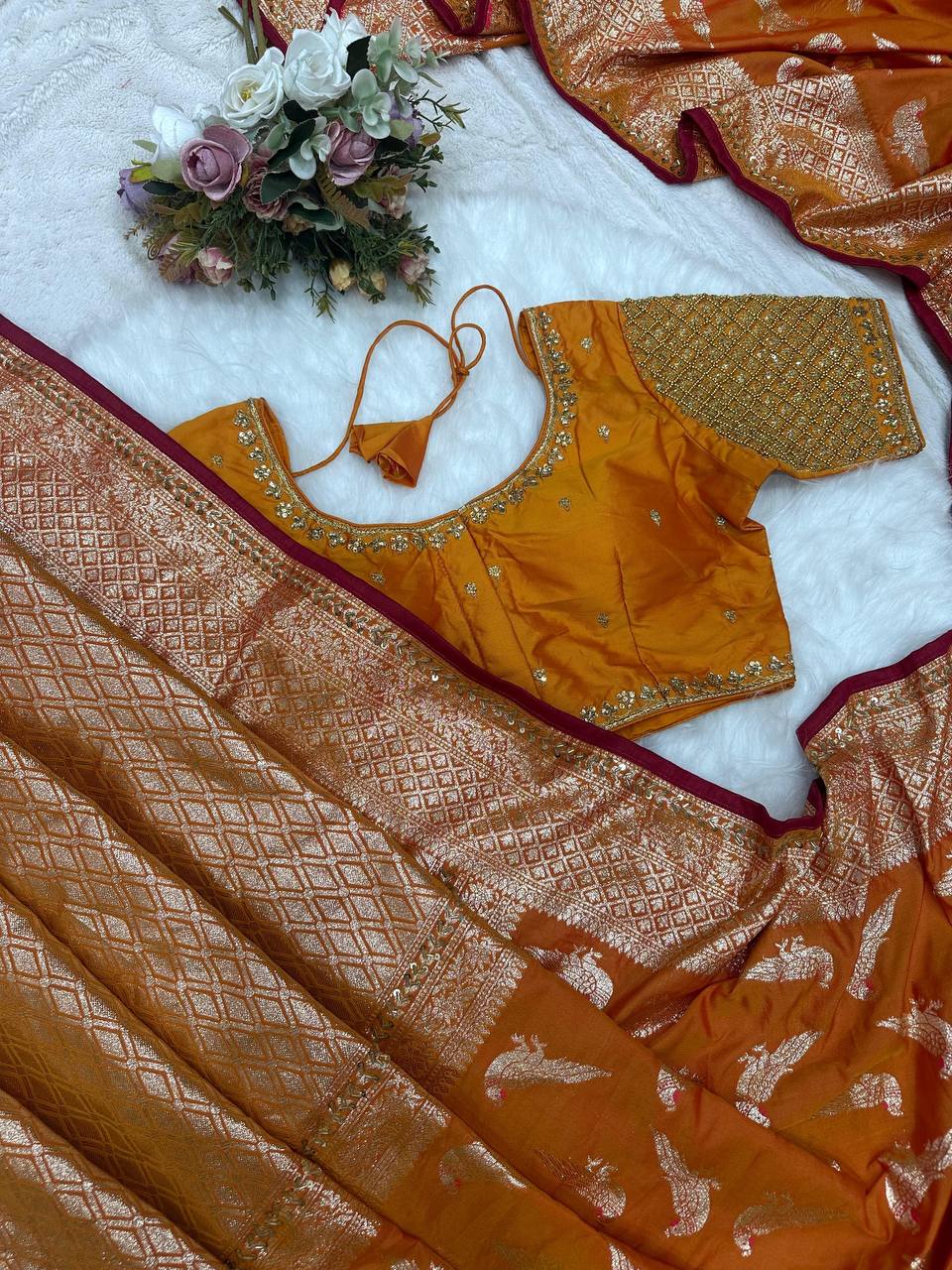 Ananya Panday Inspired Orange Color Perrot Figure Weaving Saree