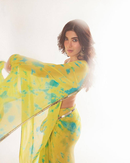 Samntha Inspired Digital Printed Beautiful Yellow Saree