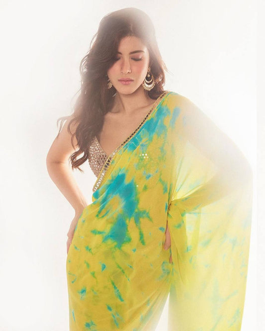 Samntha Inspired Digital Printed Beautiful Yellow Saree