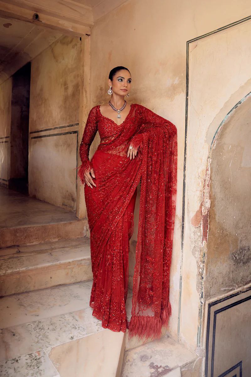 Bollywood Faux Georgette Full Sequins Red Saree