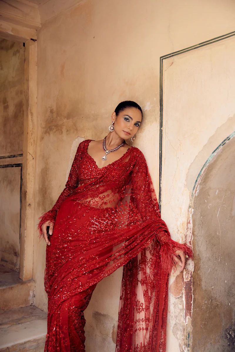 Bollywood Faux Georgette Full Sequins Red Saree