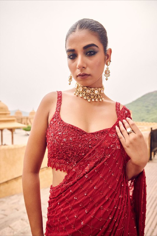 Bollywood Inspired Faux Georgette Embroidery Red Saree with Sequins Work