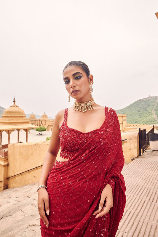 Bollywood Inspired Faux Georgette Embroidery Red Saree with Sequins Work