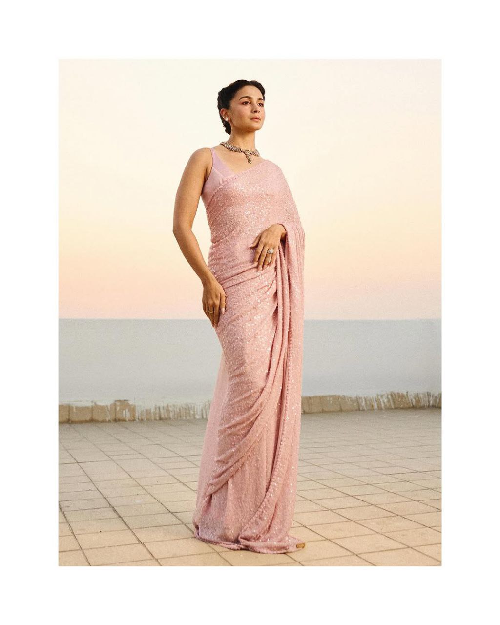 Alia Inspired Georgette Pink Saree Full Sequins Embroidery with Cutwork Lace