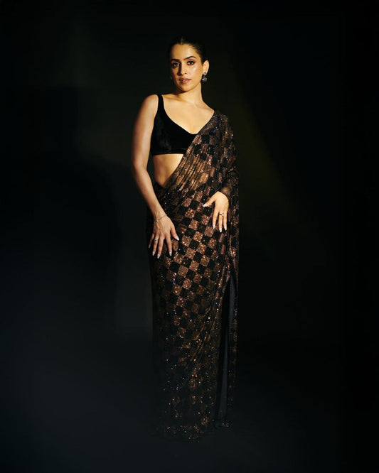 Sanya Inspired Heavy Faux Georgette Full Sequins Black Saree